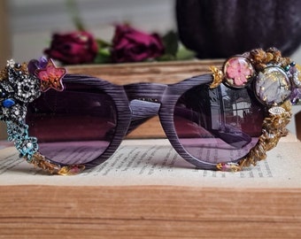 Embellished Festival Sunglasses, Custom Sunglasses with Real Flowers and Crystals, Witchcore Gift for Her, Statement Sunglasses, Fairycore