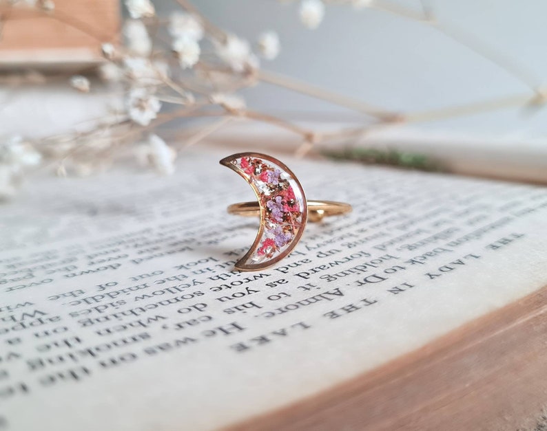 Crescent Moon Adjustable Ring, Botanical Ring, Gold Fairy Ring, Celestial Ring, Real Flower Resin Ring, Dainty Jewellery For Her, Mum Gift image 4