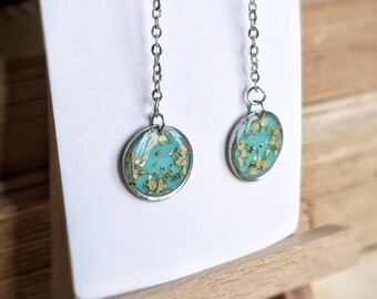 Real Flower Aqua Blue Chain Earrings, Drop Earrings for Her, Resin Jewellery for Mom, Silver Threader Boho Earrings, Gift for Best Friend