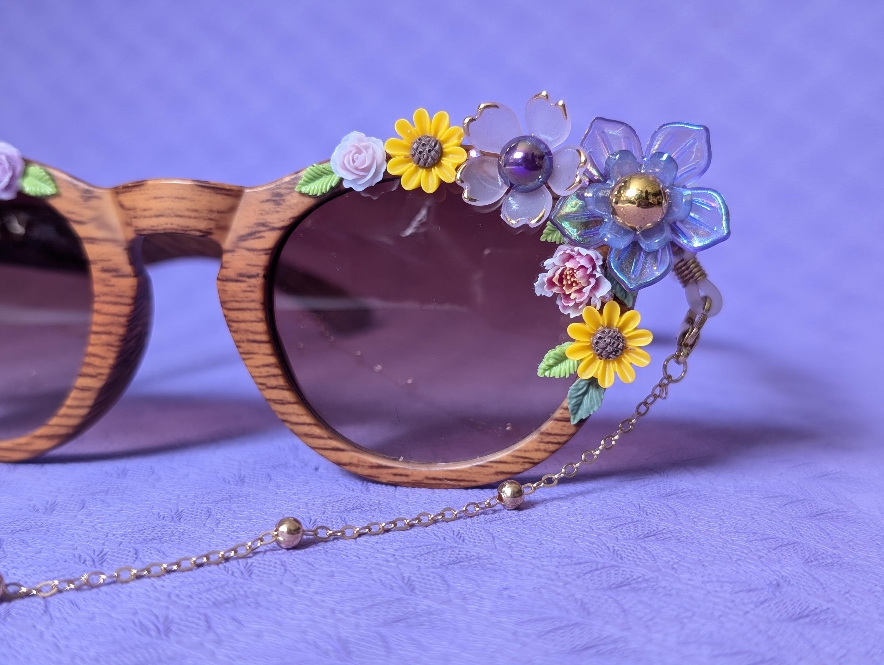 Boho Floral Festival Sunglasses With Chain, Handmade Flower 