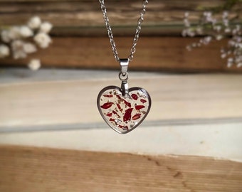 Real Rose Heart Necklace for Her, Floral Pressed Silver Jewellery, Valentine Gift for Women, Cottagecore Resin Pendant for Wife, Flower Gift