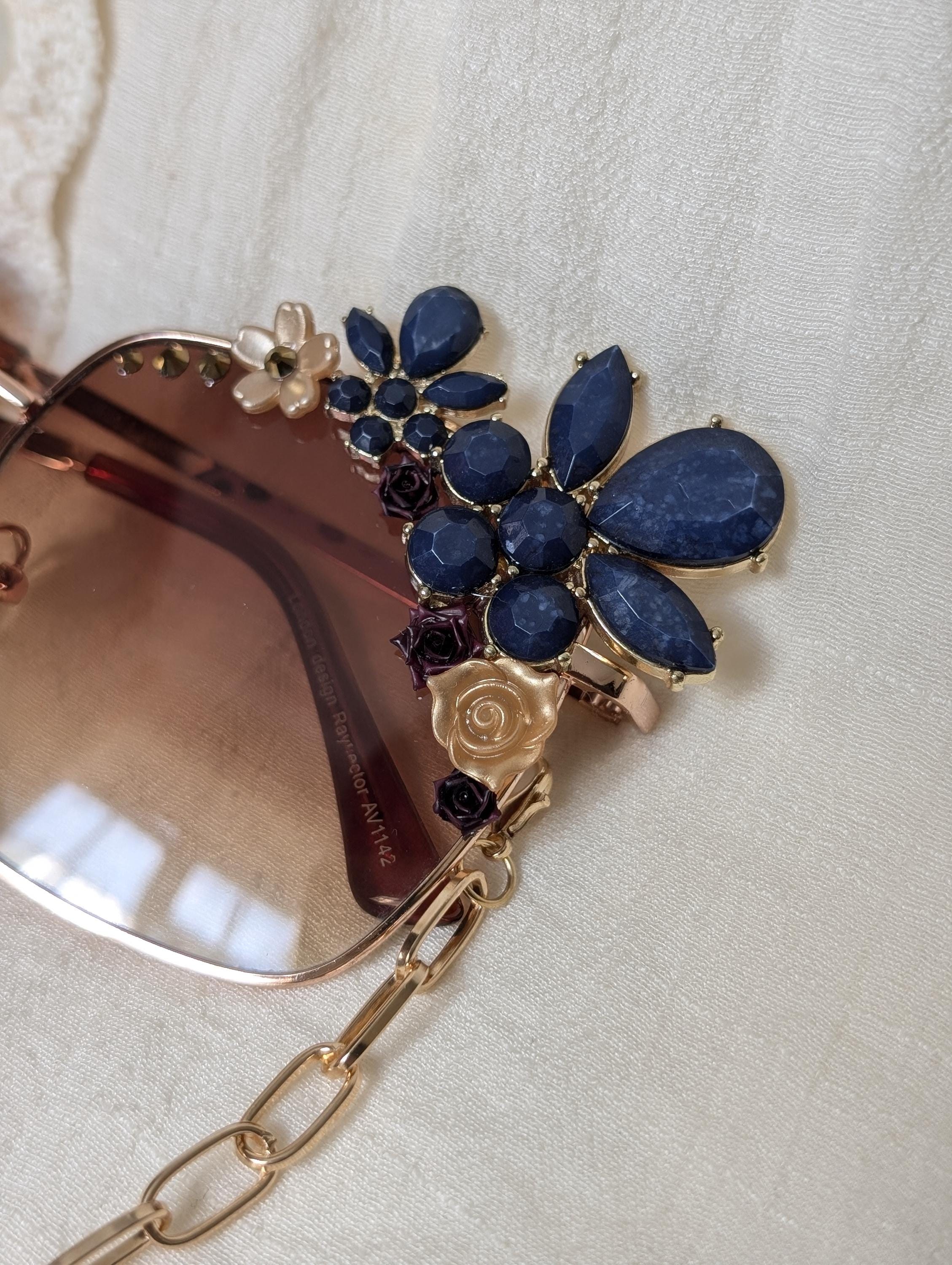Handcrafted Unique Floral Rhinestone Square Style Sunglasses Festival Wear NWT Retro Glam Festival Sunglasses, Floral Sunnies With Blue  main image 4