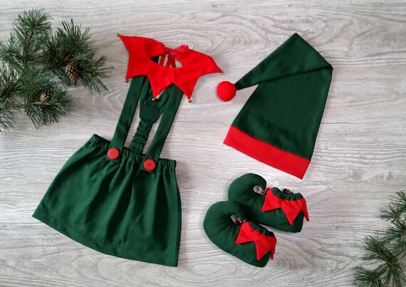 Costume Lutin De Noël Enfant - Ensemble Avec Chapeau, Oreilles, Canne Et Chaussures (Taille 130 Cm)