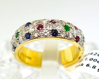 14k Gold, Emerald, Ruby, Sapphire And Diamond Ring. Size 7