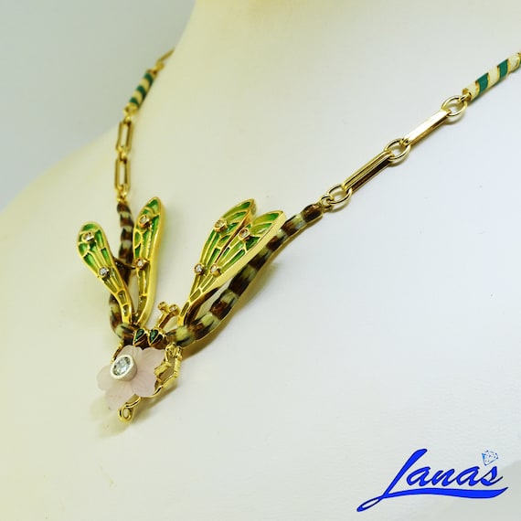 Antique 18K Yellow Gold Diamond Emerald Dragon Fl… - image 2