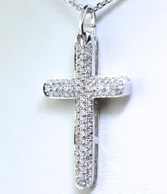 14k White Gold Round Diamond Cross with 14k White Gold Chain