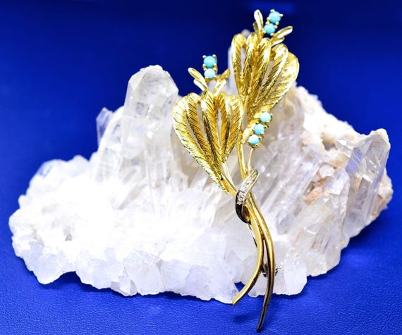 18k Gold, Turquoise, And Diamond Pin. - image 1