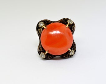 Antique Victorian Coral And Diamond Cocktail Ring. Size 5.25