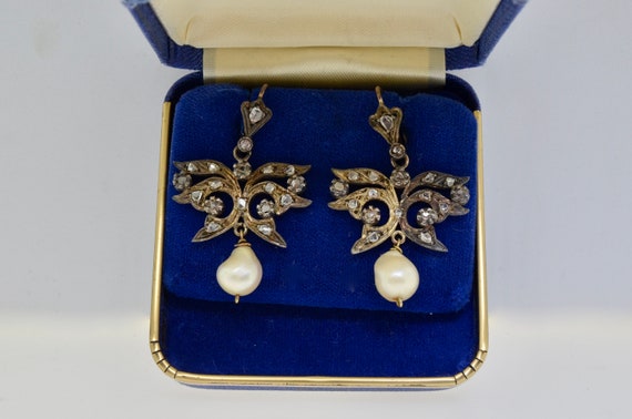 Antique Victorian Diamond and Natural Pearl Earri… - image 1