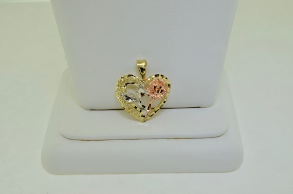 14K Yellow, White, and Rose Gold Heart Rose Penda… - image 2