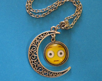 Surprise Face EMOJI Cabochon  PENDANT - NECKLACE  Fashion Jewelry Brand New! Big Eyes Crescent Moon awe stare  fun love enthusiasm intensity