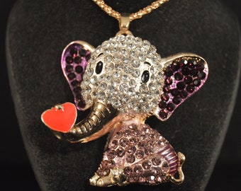 LOVE ELEPHANT with heart Adorable necklace pendant Purple,Lavender and clear stones Good Luck! Fashion Jewelry- New- very cute pachyderm