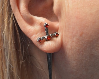Pair of Red handled SWORD EARRINGS  sheath  Thru The Ear  HALLOWEEN!  cosplay  pirate 1 7/8" length