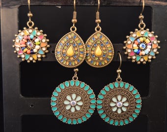Three Pairs Vintage-look assorted EARRINGS  Fashion Jewelry  Brand New! Patina Bronze and cooper. Hook Dangle