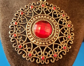 ANTIQUE SILVER TONE necklace/pendant ruby colored "stone" filigree style new!