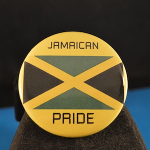 JAMAICAN PRIDE Button  Big 2 1/4&quot; pin pinback punk badge  identity ethnicity pride heritage ethnic humor LARGE big island Caribbean reggae