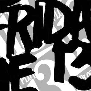 Puede incluir: Diseño gráfico en blanco y negro con las palabras "FRIDAY THE 13TH" en letras negritas y estilizadas. El fondo presenta un patrón repetitivo de números grises y la palabra "PLOT".