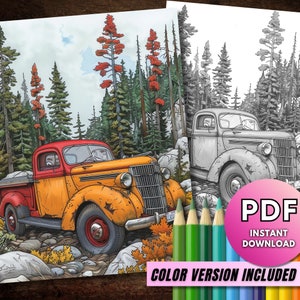 May include: A vintage orange and red pickup truck drives through a forest with fall foliage. The truck has a wooden bed and is surrounded by trees with green and orange leaves. The truck is a coloring page with a color version included.