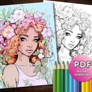 Forest Nymph Coloring Book Page, Beautiful Female Fairy Instant Download, Adult Grayscale Printable PDF + JPG, Black Girl Flowers, Gift