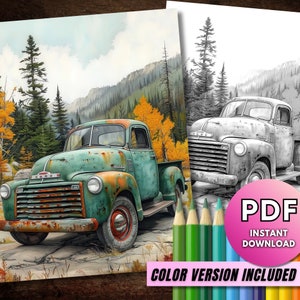 May include: A vintage green and rusty pickup truck parked in a forest setting with fall foliage. The truck has a white grill and a chrome bumper. The truck is surrounded by trees and a mountain in the background.
