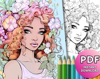 Forest Nymph Coloring Book Page, Beautiful Female Fairy Coloring Page, Adult Coloring Page, Line + Grayscale Coloring, Printable PDF + JPG