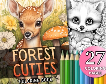 27 Forest Cuties Coloring Book Pages, Baby Animals Coloring Pages, Cute Baby Animals, Instant PDF Digital Download, Adults and Kids