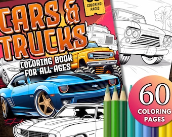 60 Cars & Trucks Coloring Book Pages, Vintage Cars Coloring Pages, Muscle Cars, Monster Trucks and More, PDF Download, Cars Gift