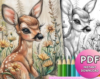 May include: A printable colouring page featuring a cute fawn with large eyes and brown and white spots, surrounded by yellow flowers. The image includes a coloured version of the fawn and flowers.