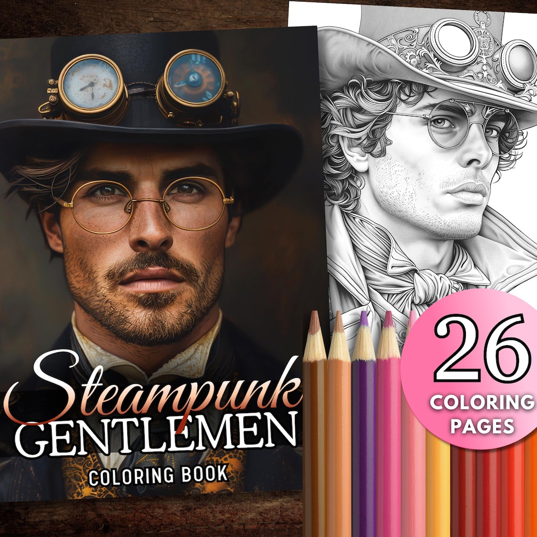 26 Steampunk Gentlemen Coloring Book Pages, Victorian Men Grayscale ...