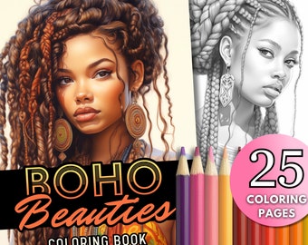 25 Boho Beauties Coloring Book Pages, Line Art Grayscale Coloring Pages, Printable PDF, Black Girls, Bohemian, Gypsy, Beautiful Women