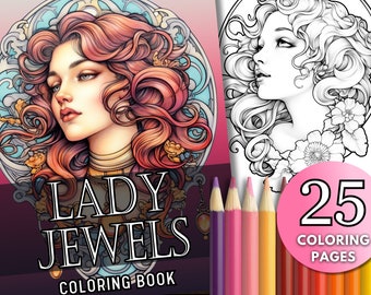 25 Lady Jewels Coloring Book Pages, Art Nouveau Women Coloring Pages, Printable PDF, Jewelry, Necklace, Vintage, Antique, Pretty, Line Art