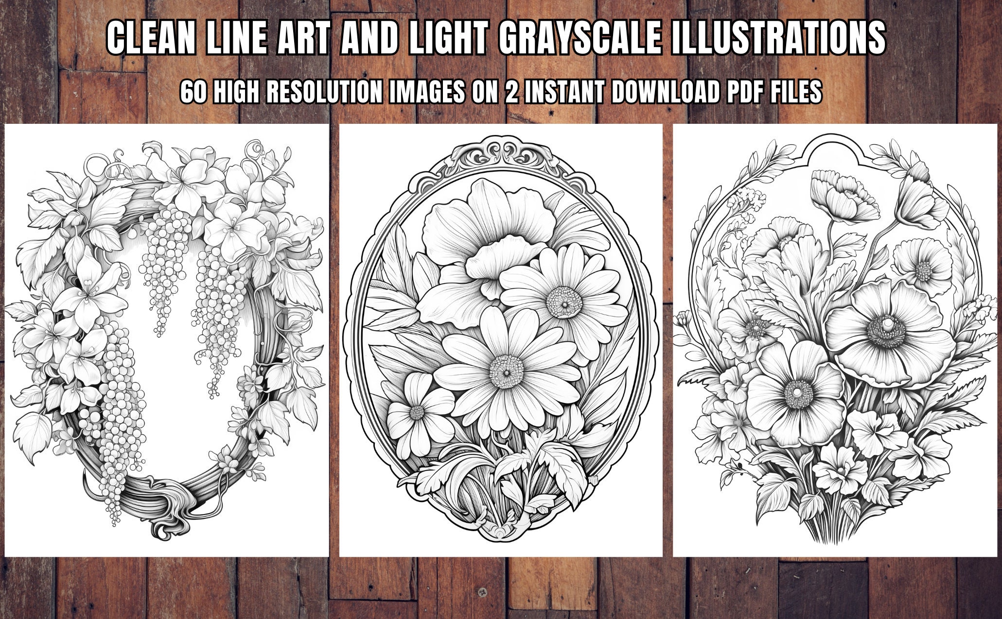 60 Art Nouveau Flowers Coloring Book Pages, Vintage Frames