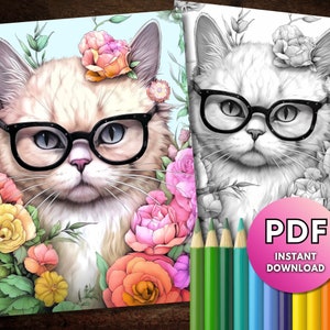 Può includere: Stampa digitale di un gatto con occhiali neri, circondato da fiori rosa, arancioni e gialli. Il gatto ha il pelo chiaro e gli occhi blu. Una versione in bianco e nero è accanto alla versione a colori. Il testo "PDF Download istantaneo".