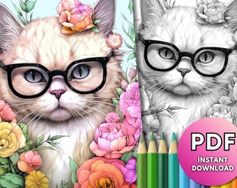 Página de libro para colorear de gato con gafas, lindo y divertido PDF imprimible en escala de grises, adorable descarga instantánea de alta calidad, regalo para adultos, niños, mamá