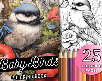 25 Baby Birds Coloring Book Pages, Baby Animals Instant PDF Download, Cute Forest Animals, Mushrooms, Owls, Robins, Ducks, Adults and Kids