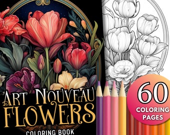 60 Art Nouveau Flowers Coloring Book Pages, Line Art Vintage Floral, Oval Frames, Printable PDF, Grayscale, Gift, Wisteria, Poppies, Lilies