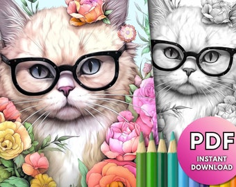 Cat in Glasses Coloring Book Page, Cute Funny Cat Coloring Page, Adult Coloring Page, Grayscale Coloring, Printable PDF, Cute Cat Gift