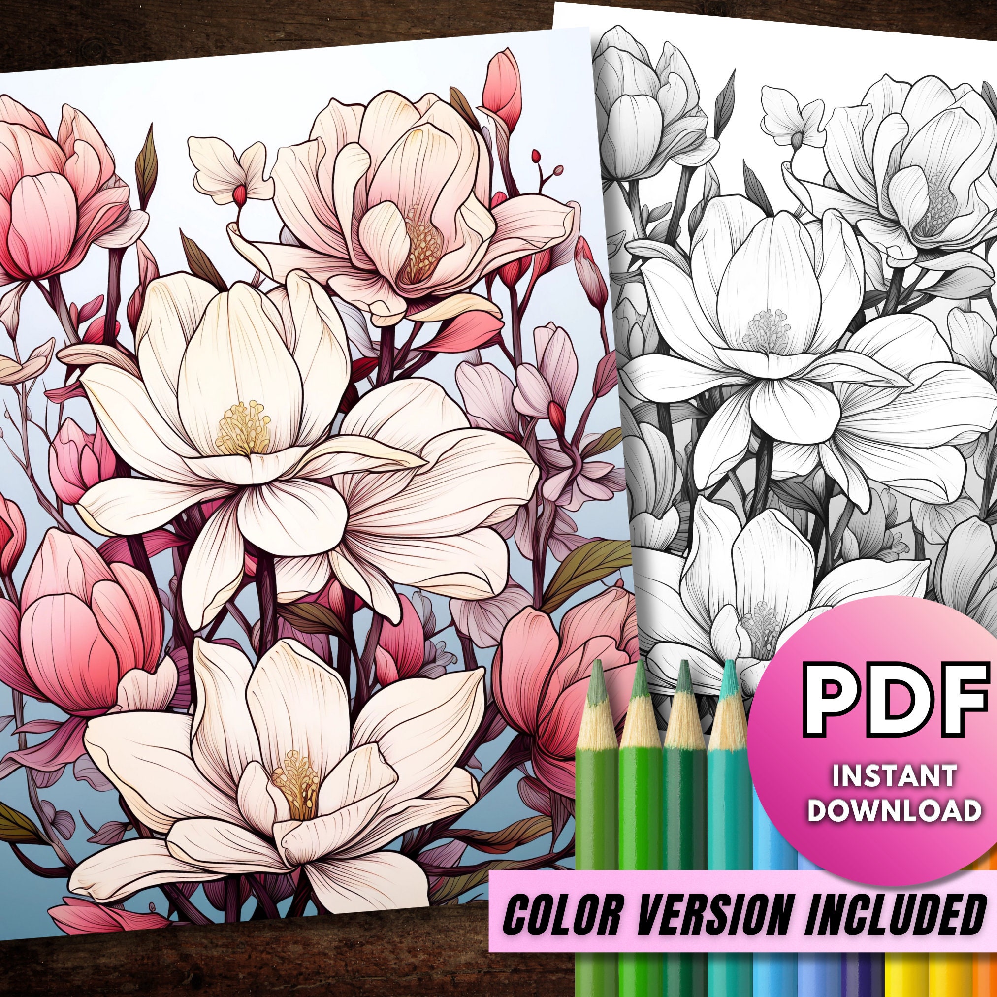 Flowers Coloring Book Page, Line Art Grayscale Instant Download ...
