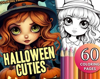 60 Halloween Cuties Coloring Book Pages, Adorable Halloween Coloring Book, PDF Download, Line Art Coloring for All Ages, Halloween Gift