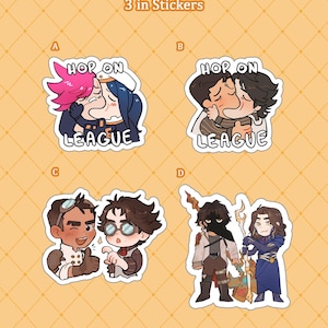 May include: Four stickers featuring cartoon characters, each with a white border. The stickers depict characters from the game League of Legends. The text "Hop On League" is included. The background is light orange with a diamond pattern.