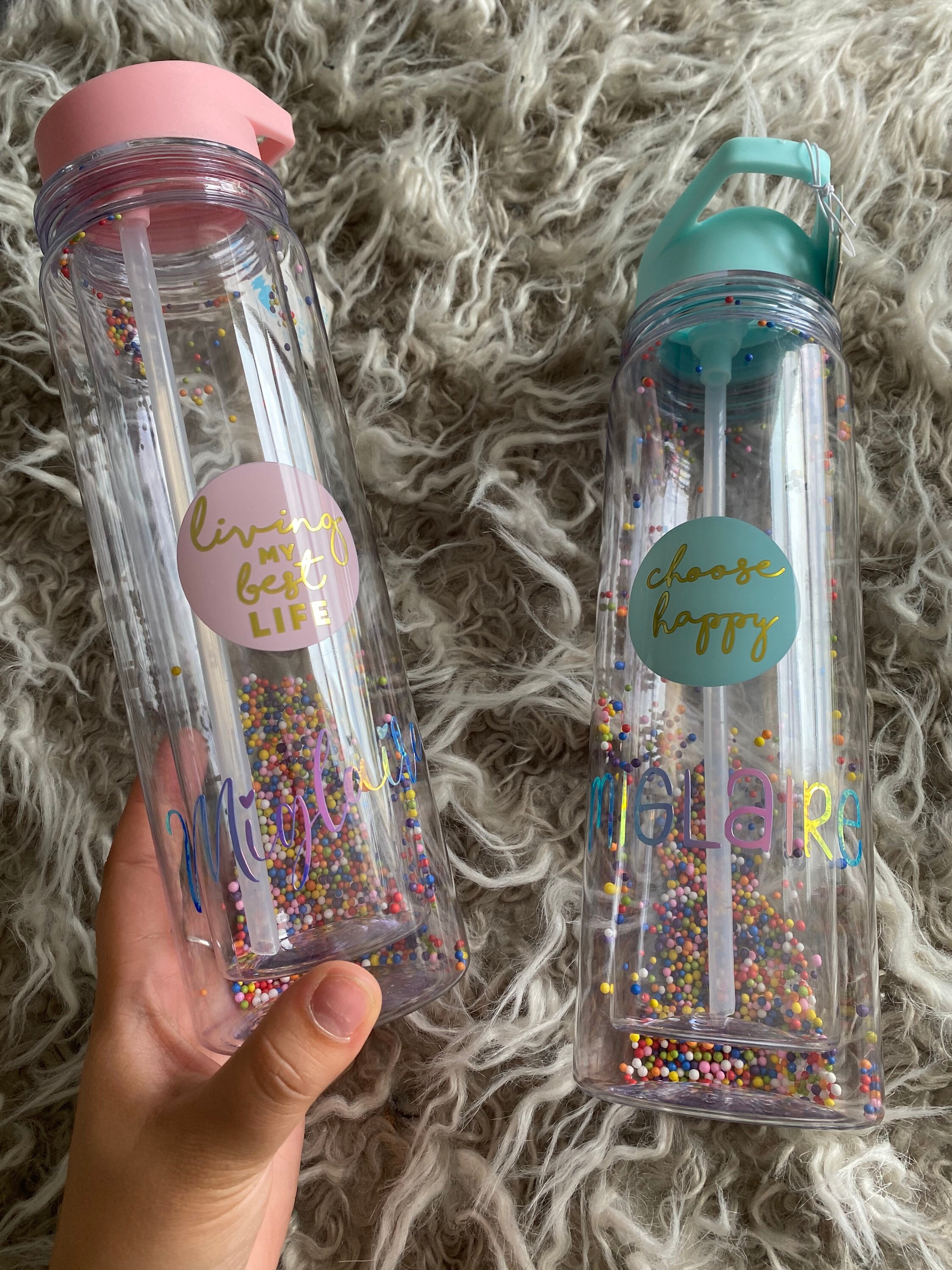 Girl sipper / straw bottles in pink/blue with personalised Etsy
