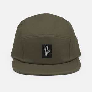 May include: A green 5-panel cap with a black square patch featuring a white embroidered cactus design.