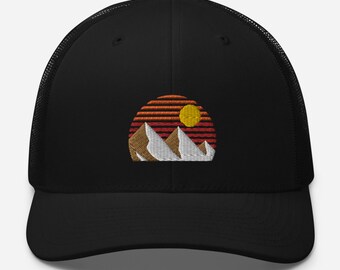 Sunset Trucker Hat Outdoors Mountain Trucker Mesh Back Hat Cap Hiking  Camping Style Mountain Snapback 