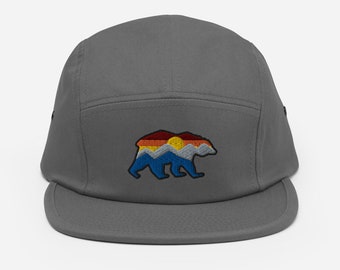 Mountain Grizzly Bear Five Panel Hat | Bear Mountain 5 Panel Cap | Outdoors Sunset Bear Camp Hat