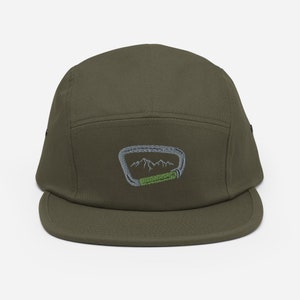 May include: A green and gray embroidered  5-panel cap with a mountain range and a carabiner clip design.