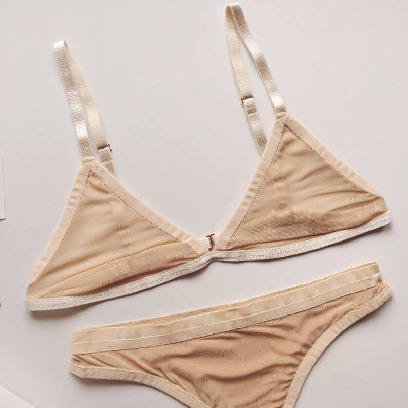 Transparent Basic Bralette and Panties Nude See Through Everyday Lingerie Set Triangle Bra and Thong Sheer Underwear