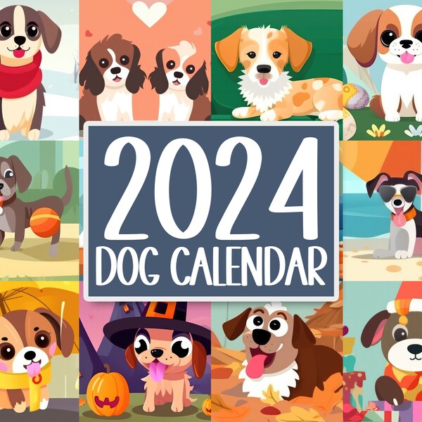 2024 Illustrated Cute Dogs Calendar, Printable Calendar Daily Planner, Monthly Calendar, Empty Notes Boxes, Puppy Digital Planner Downloads