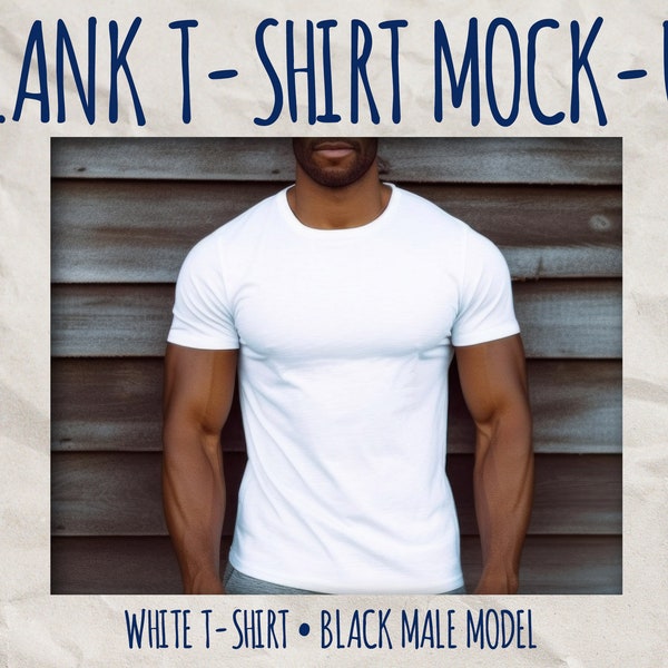 White T-Shirt Mock-up Image, Muscular Black Male Standing by Distressed Shiplap Wooden Wall, INSTANT DIGITAL DOWNLOAD