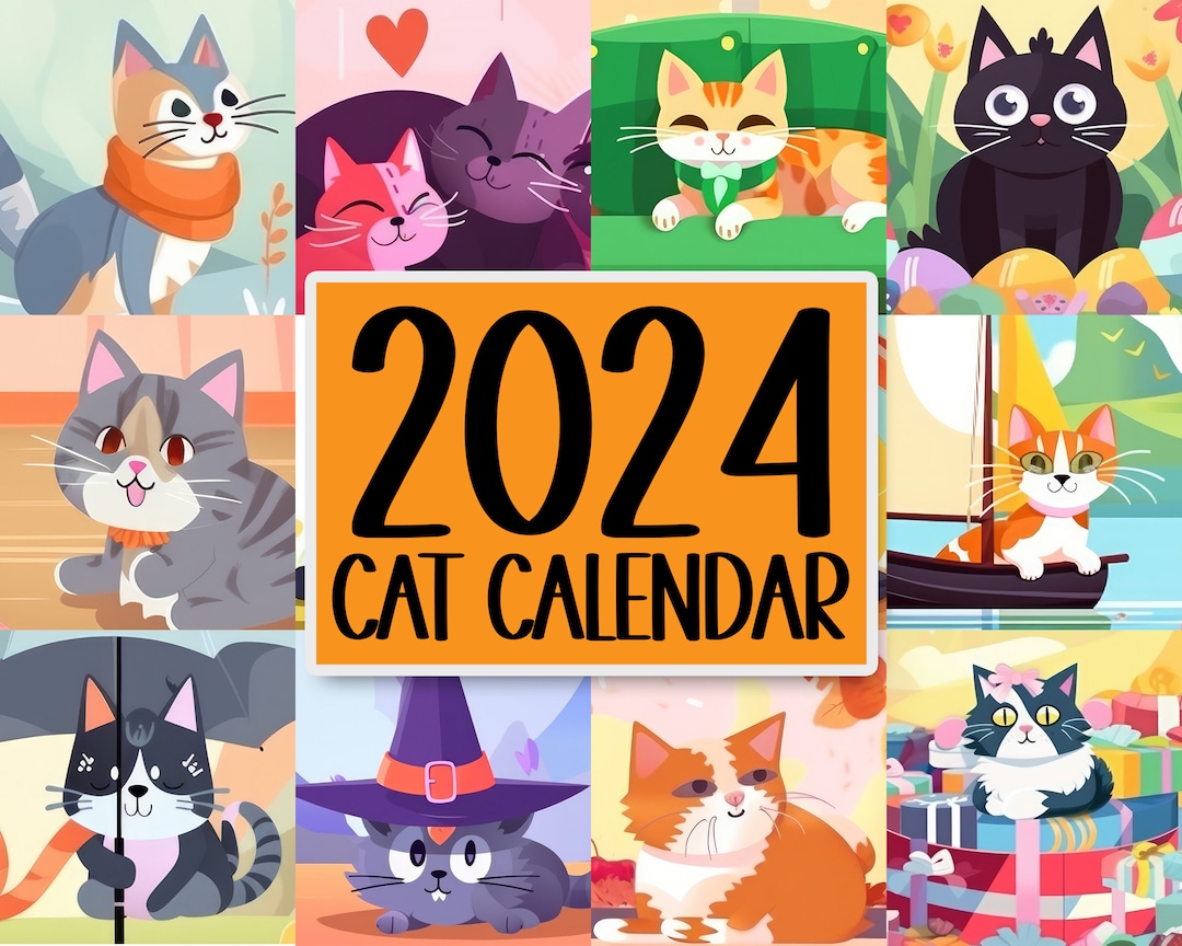 2024 Illustrated Cute Cat Calendar, Printable Calendar Daily Planner