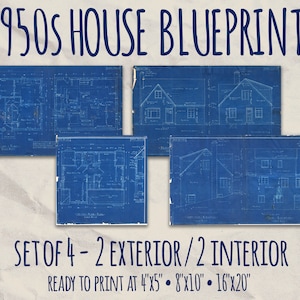 Vintage Hand Drawn Retro Architect&#39;s House Blueprints for Cape Cod Style Home - Collection of 4 Prints - Instant DIGITAL Download